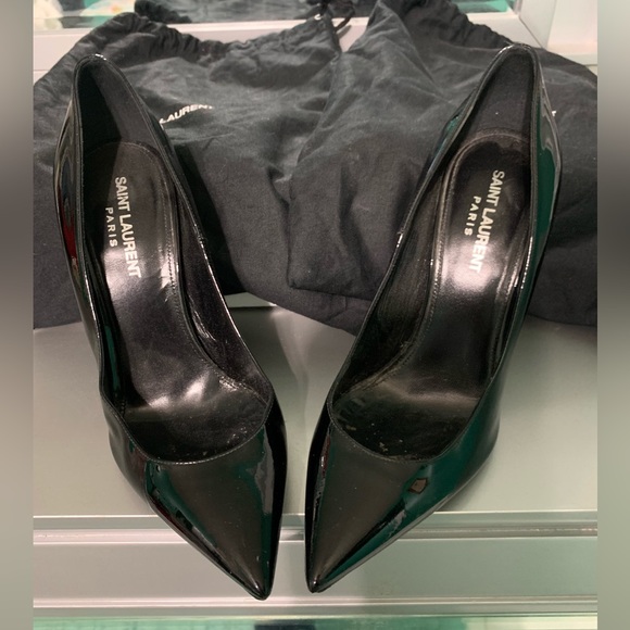 Yves Saint Laurent Black Patent Leather Opyum Heels with Silver YSL Logo Heels - Picture 5 of 5